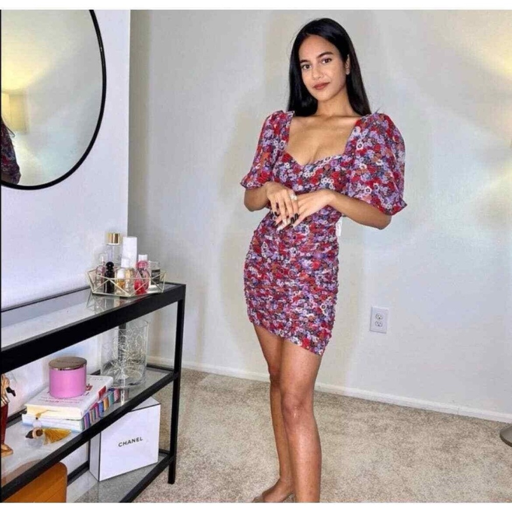 Zara Floral Ruched Midi Dress in Red and Purple
